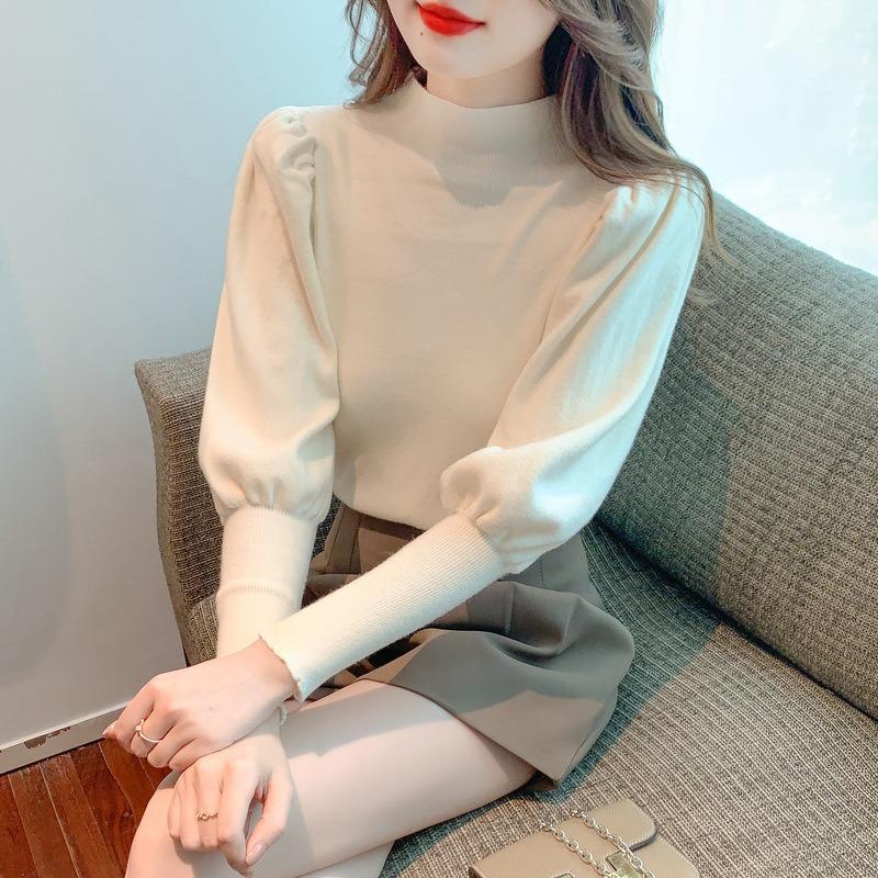 Semi-turtleneck Sweater Knitted Sweater Women's Autumn and Winter New Lantern Sleeve Bottoming Shirt Inner Top