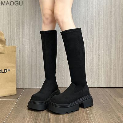 Autumn Winter Vintage Knee-High Long Boots Brown Platform Suede Stretch Boots Versatile Slip On Botas for Women Bottes Femmes
