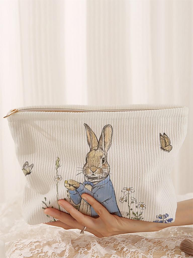 1 rabbit patterned corduroy makeup bag, lightweight zipper makeup storage box, multifunctional bag with lining