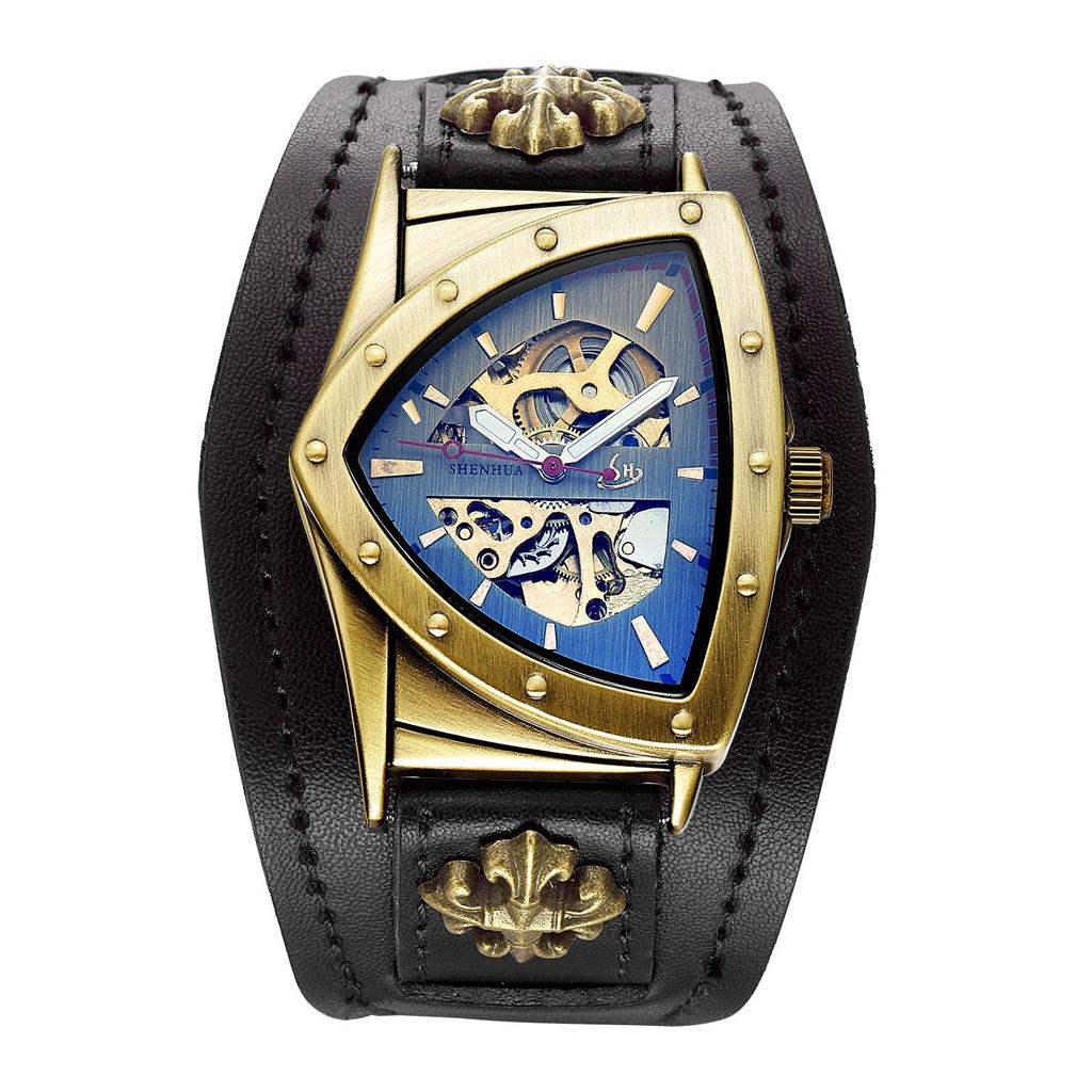 Shenhua Belt Rivet Buckle Men'S Barrel Shaped Hollow Skull Tourbillon Automatic Mechanical Watch