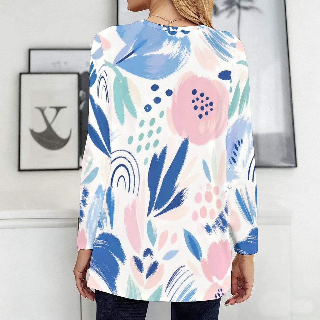 Women Plus Size Round Neck Long Sleeve Geometric Printed Loose Longline T Shirt With Pockets