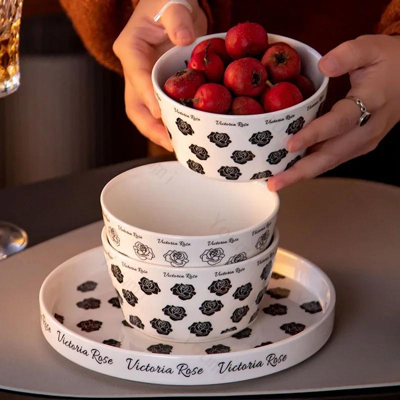 Creative Rose Flowers Ceramic Plate Luxury Restaurant Delicious Salad Bowls Home Afternoon Tea Snacks Plates Exquisite Tableware