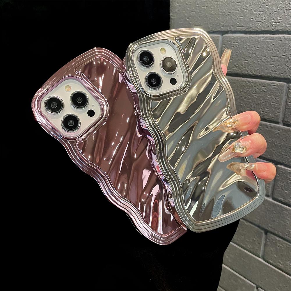 Luxury Plating Wave Pattern Glossy Case For iPhone 15 14 13 12 11 Pro Max Fashion Bright Bumper 2 IN 1 TPU Shockproof Back Cover