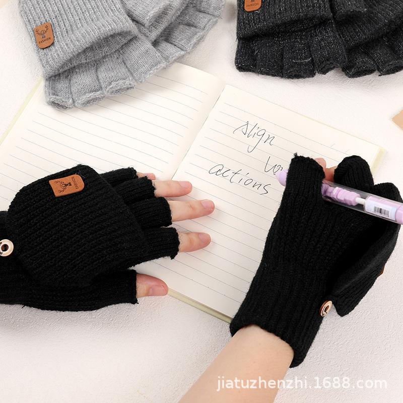 Gloves Winter Warm Fleece Knit Half Finger Flip Top Touchscreen Thick Riding Student Writing Wool Gloves