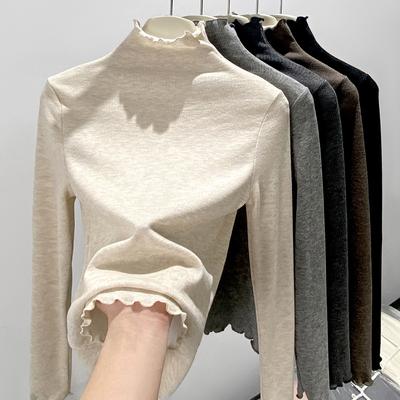 Half Turtleneck Bottom Shirt with Wooden Ears for Women In Autumn and Winter with Slim Lace Knit Top