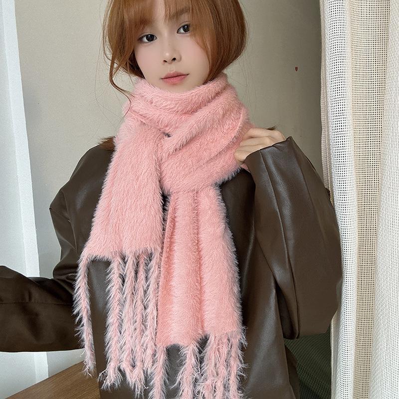 Luochi Knitting~Candy Color Plush Scarf: Soft, Skin-Friendly, Warm Tassels & Braids, Versatile Winter Neck Warmer for Women.