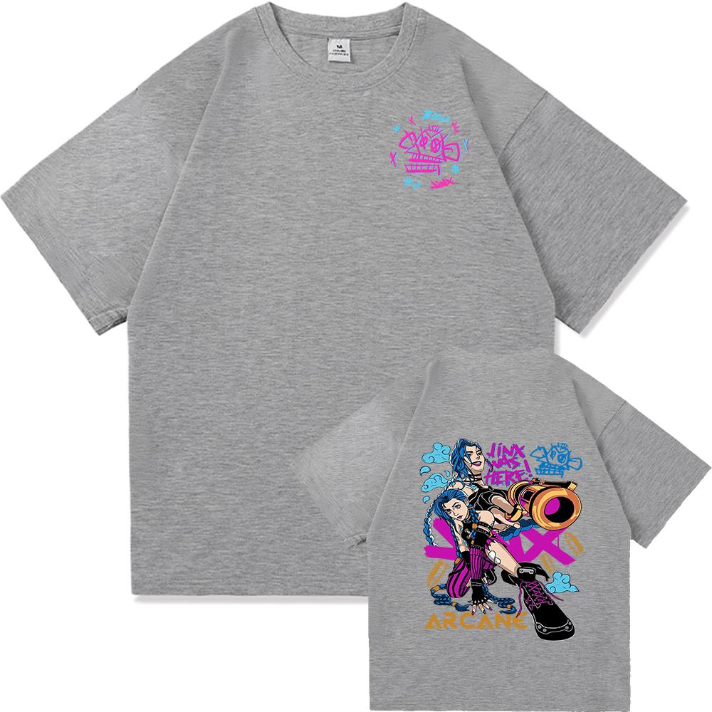 Arcane 2 T Shirts Fashion Men Harajuku Aesthetic Retro Anime Vi Jinx Tshirt Unisex High Quality Cartoon Vintage Cotton Tee Shirt
