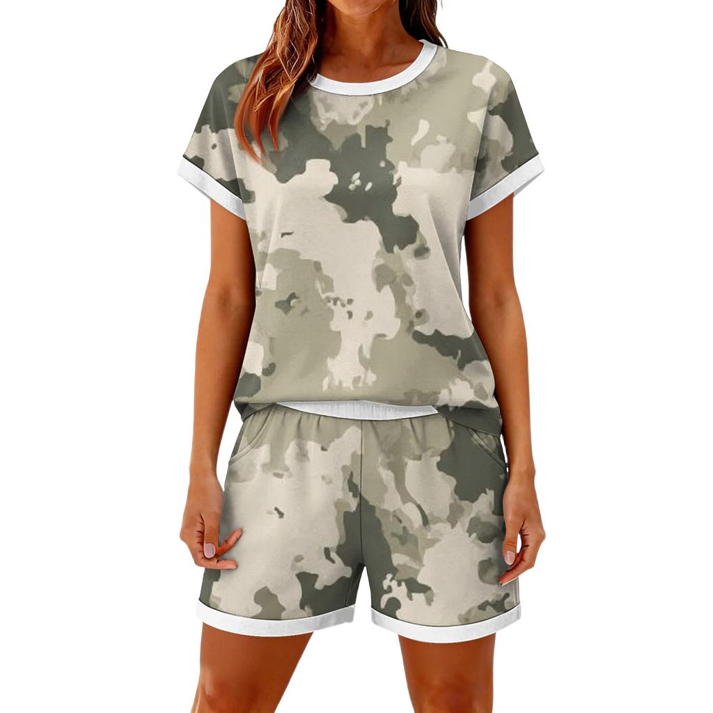 Women Casual Two Piece Set Short Sleeve Top and Elastic Waist Shorts with Pockets Comfortable Lightweight Lounge Wear Set