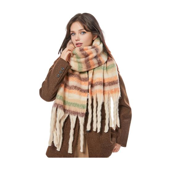 Winter Scarf Cashmere Feel Plush Scarf with Tassel Decoration Thickened Warm Plaid Pattern Winter Long Scarf