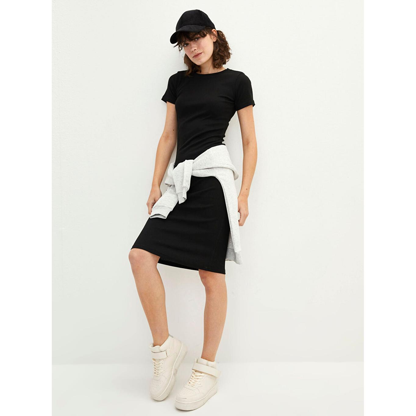

LCW CASUAL Прямое женское платье с круглым вырезом и короткими рукавами, черное