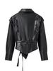 2026 Autumn Women's Elegant Faux Leather Belted Lapel Jacket