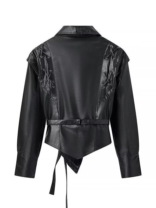 2026 Autumn Women's Elegant Faux Leather Belted Lapel Jacket
