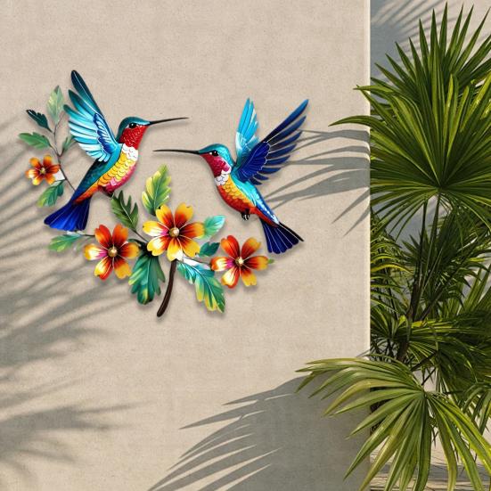 Hummingbird Bloom Metal Wall Art, Rustic Colorful Floral Bird Wall Hanging Decor for Living Room, Bedroom, Entryway, Garden, Patio
