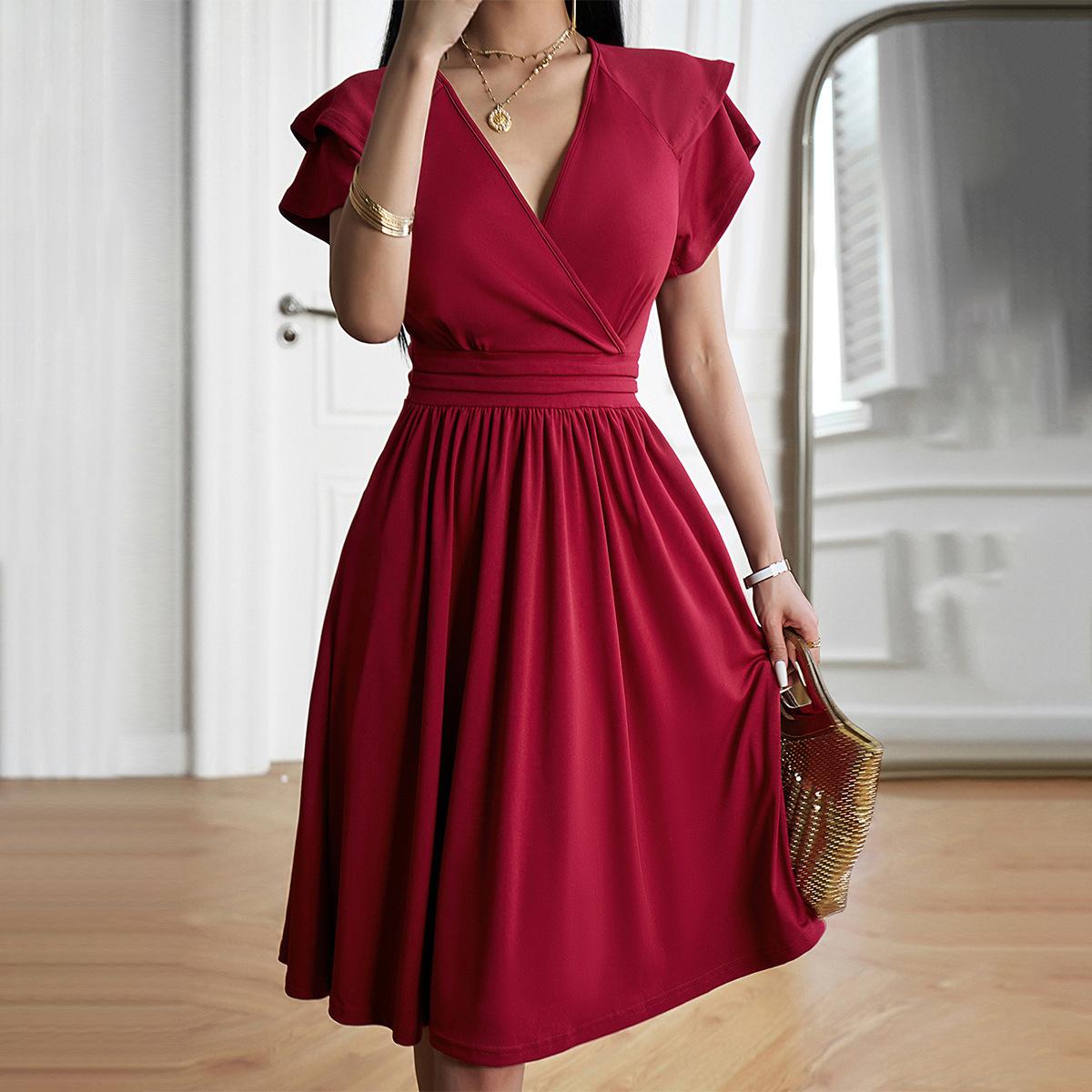 

Women s Dress Summer Temperament Elegant V-neck Midi Dress S кларет