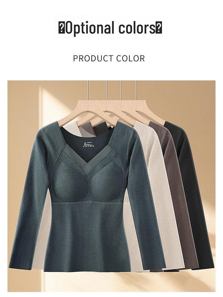 Women's Double-Sided Velvet Self-Heating Top with Fixed Cups, Thickened Waist, Long Sleeves - Warm Autumn Shirt.