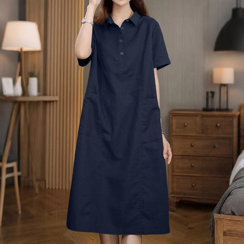 

ZANZEA Женское повседневное свободное платье-рубашка с отложным воротником и коротким рукавом 2XL темно-синий