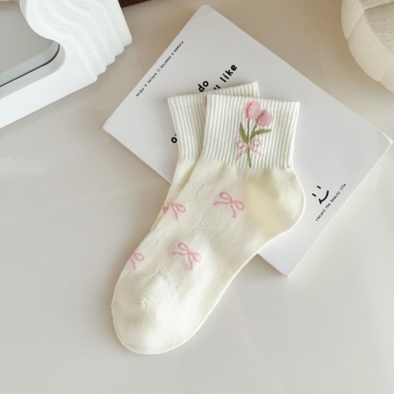 White Socks for Women, Summer Bow Flower Short Socks, Trendy Breathable Boat Socks, Cotton Sweat-absorbing Women's Socks