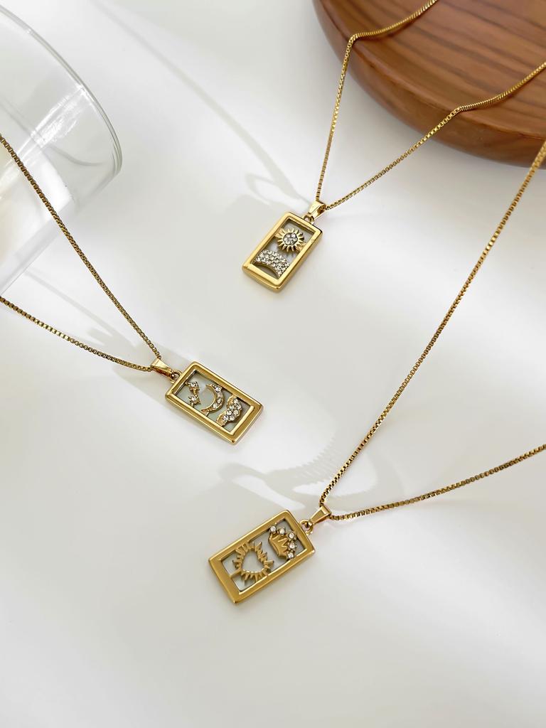 GHIDBK Fashion Sparkling Rhinestone Natural Mother of Pearl Square Tarot Card Pendant Necklace for Women Stainless Steel Zircon