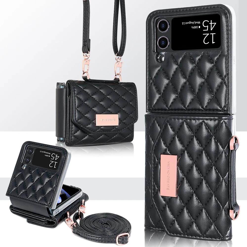 

Кошелек-чехол с ремешком и слотом для карт из кожи для Samsung Galaxy Z Flip 6 5 4 3 5G Flip6 Flip5 Ремешок Алмазный Тройной Складной Чехол-кошелек For Samsung Z Flip 6 чёрный