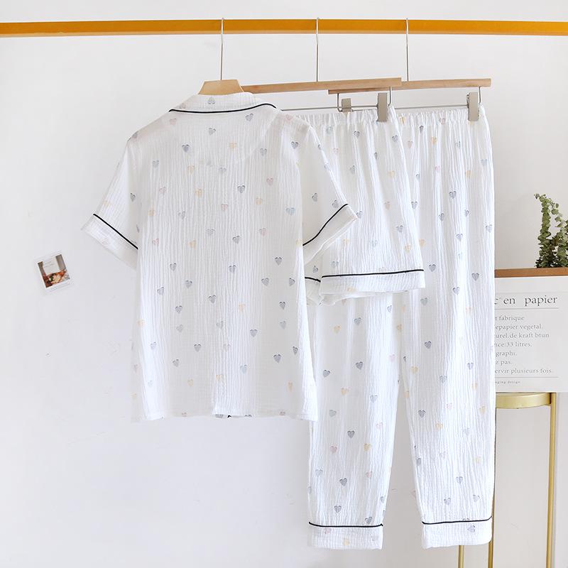 New Summer Women's Pajama Set 100% Cotton Crepe Short Sleeves+Shorts+Pants Three Piece Casual Ladies Homewear Sleepwear
