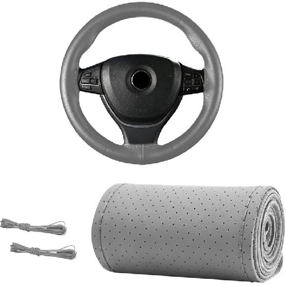 Genuine Leather Steering Wheel Cover, 15 Inches Breathable Stitch On Wrap Steering Wheel Cover, Anti-Slip Auto Wheel DIY Sewing Protector With Needle