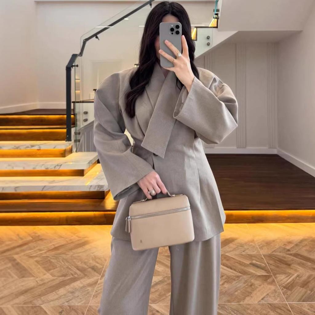 Cross-border European and American women's clothing Amazon large lapel collar temperament jacket long-sleeved wide-leg pants commuter suit