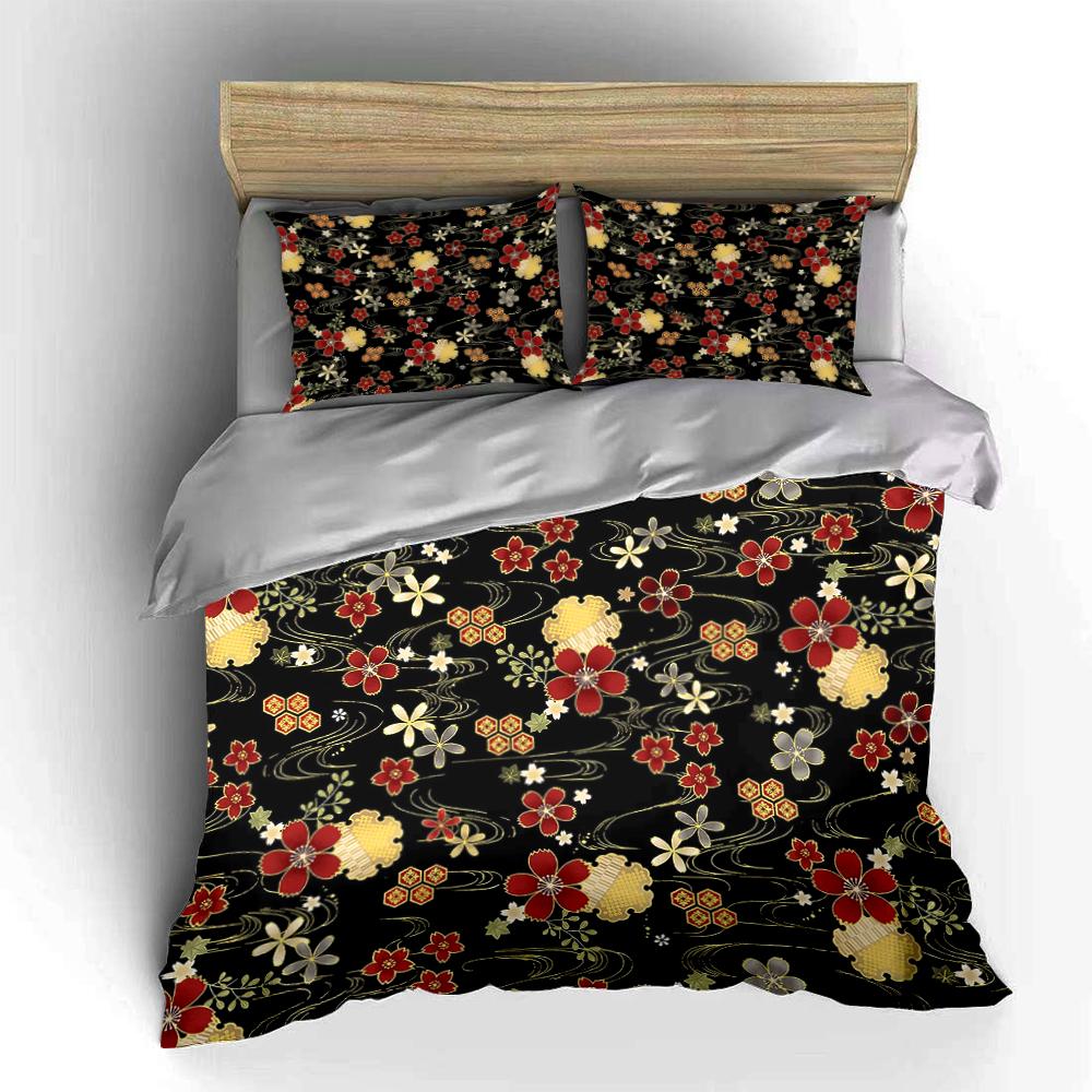 Floral Print Black Bedding Set Bedding Set (1 Duvet Cover, 2 Pillowcases, Duvet Not Included)