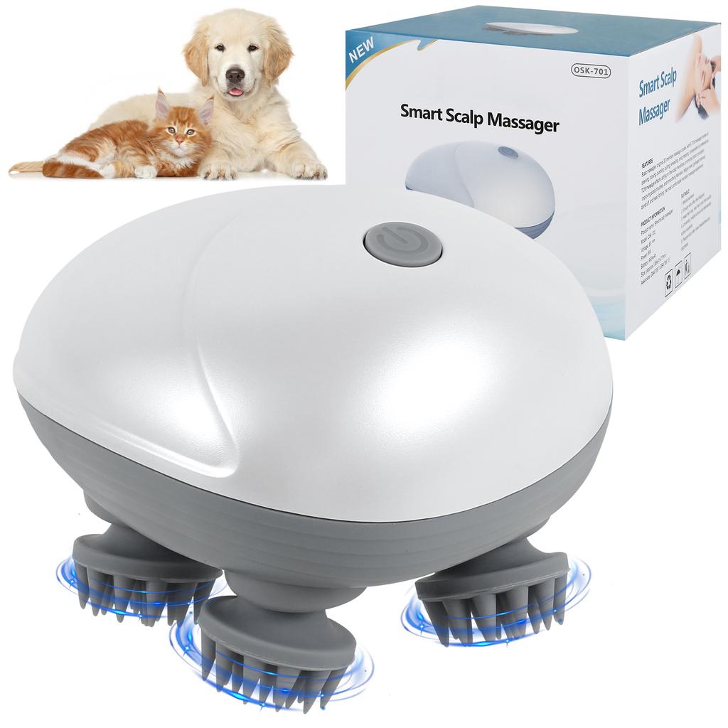 Electric Pet MassagingTool Handy Handheld Deep Scalp Massagedevice with 4 Massage Heads 3 Modes USB Rechargeable Waterproof