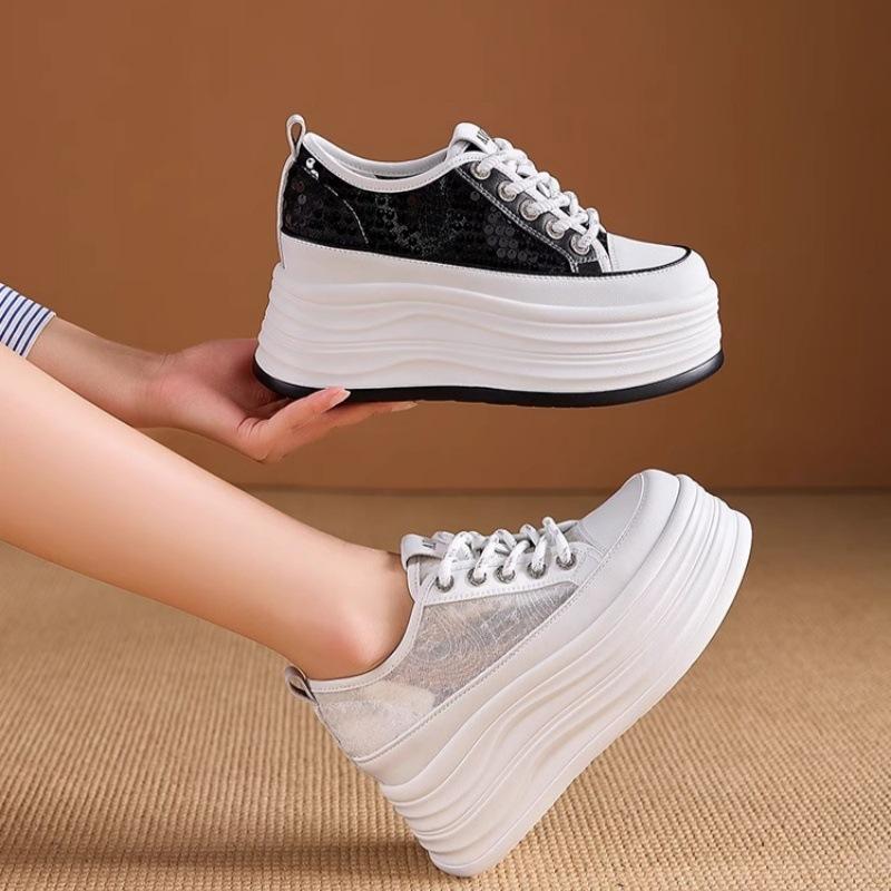 Little white shoes women's 2025 spring new sequined mesh breathable casual shoes versatile thick sole inner height increase 10CM women's shoes