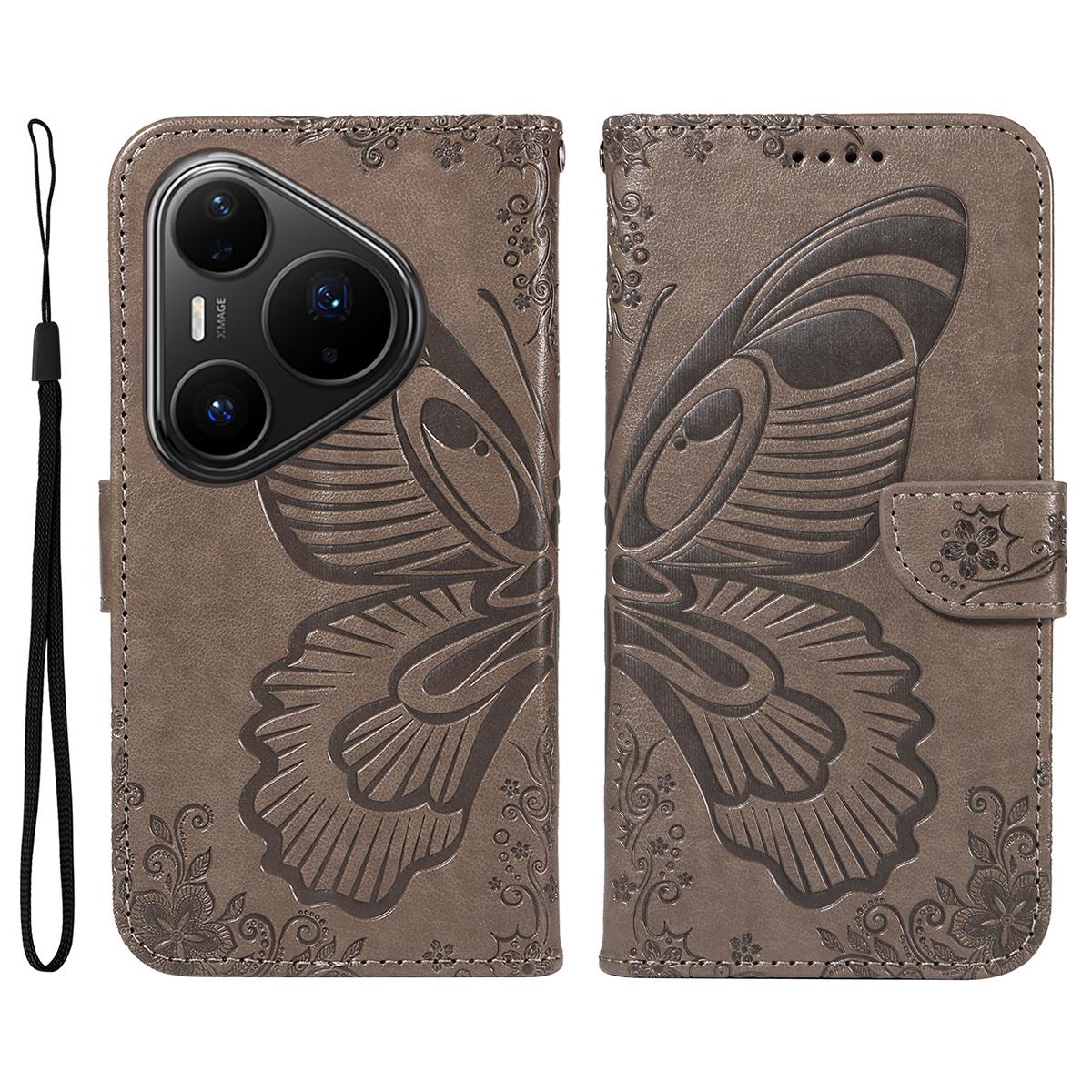 

For Huawei Pura 80 Pro+/Huawei Pura 80 Pro Case Butterfly Pattern PU Leather Folio Flip Phone Cover Grey