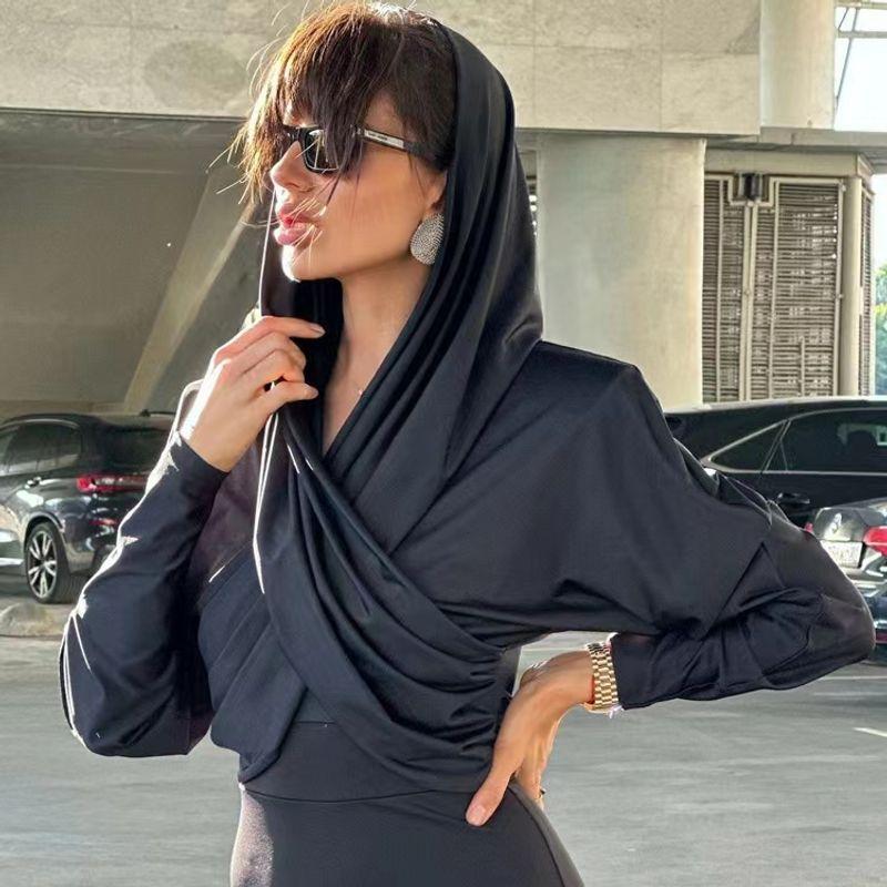 

Fashion Fashion Cross Bandage Stylish Hooded Midriff-Baring Top T-shirt Cross Tie up Hoodie Tee Black S