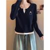 New Front Shoulder Fake Two V-neck Long-sleeved T-shirt Women's Fashion Versatile and Thin Pure Cotton Gray Top Bottoming Shirt