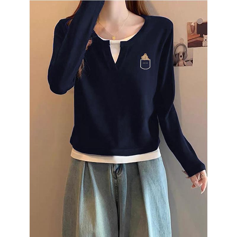 New Front Shoulder Fake Two V-neck Long-sleeved T-shirt Women's Fashion Versatile and Thin Pure Cotton Gray Top Bottoming Shirt