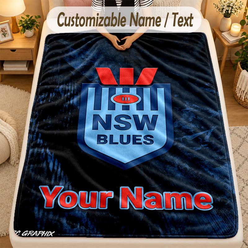 Flannel BlanketNSW Blues logo Custom Name Text Personalized Soft Warm Throw Blanket Home Decor Gift