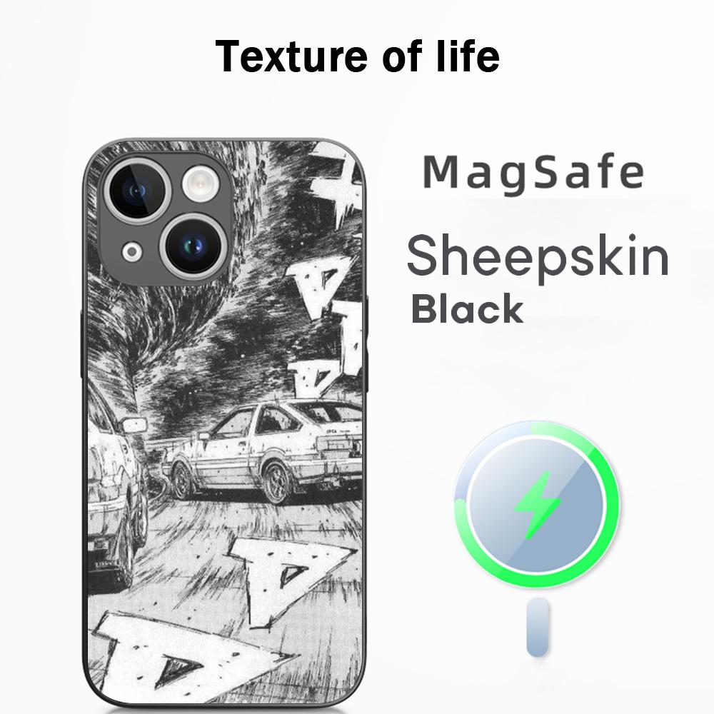 Initial D Super cool racing pattern Phone Case For iPhone 16 15 14 13 12 11 Plus Pro Max High-end Luxury Magsafe Sheepskin
