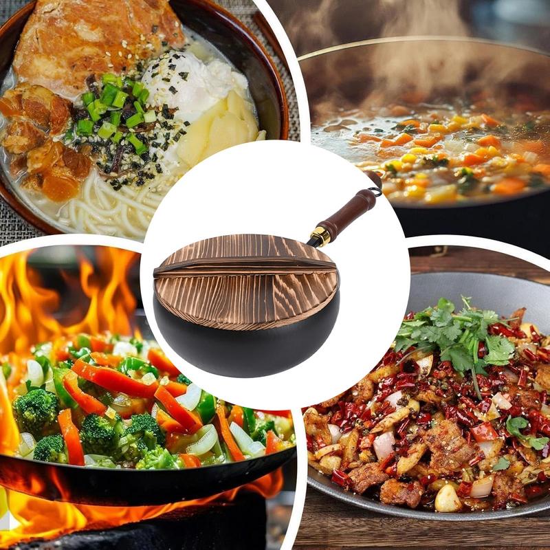 Wok Nonstick Traditional Iron Wok Ergonomic Uncoated Iron Pan With Lid For Home Outdoors Restaurant Camping Indoors