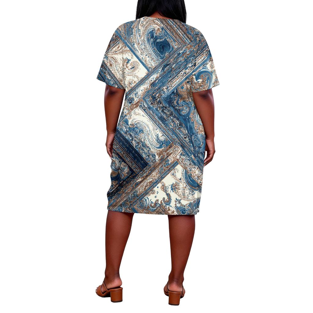 Summer Plus Size V Neck Short Sleeve Knee Pocket Print Casual Dress For Women