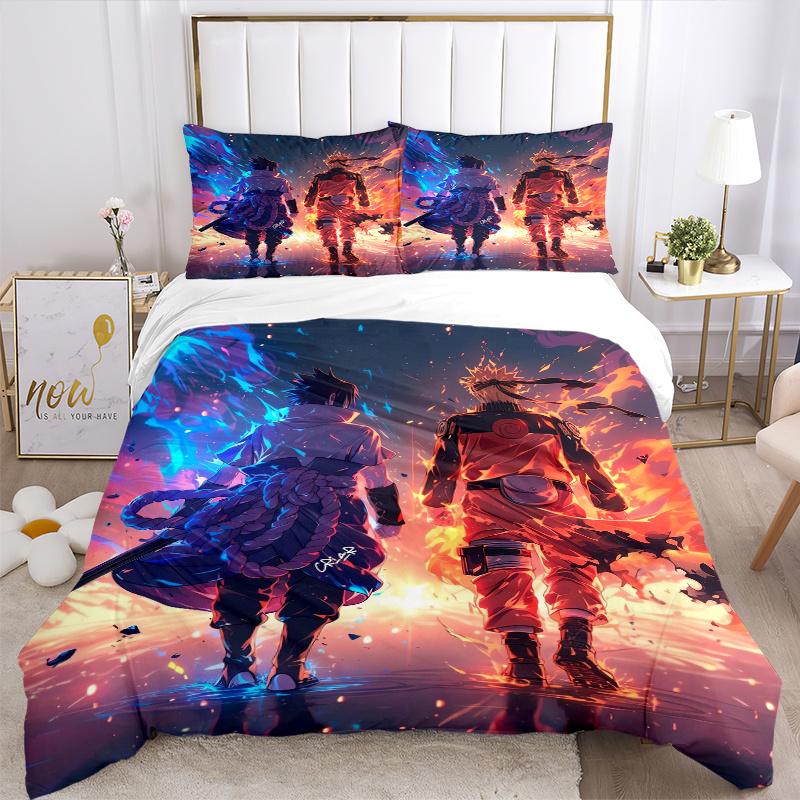 3pcs Naruto vs Sasuke Anime Theme Printed Quilt Set - Soft and Comfortable Quilt Cover for Bedroom, Guest Room and Dormitory Decorative Bedding Set 1