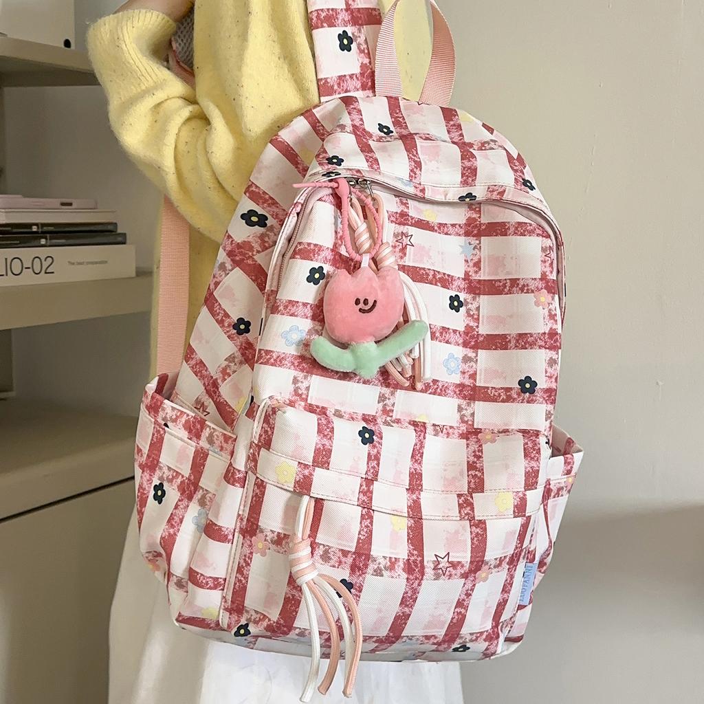 Schoolbag Campus Style Plaid Sweet Backpack Female Large Capacity Foreign Style Small Flower Korean Student School Bag Fresh Versatile Backpack