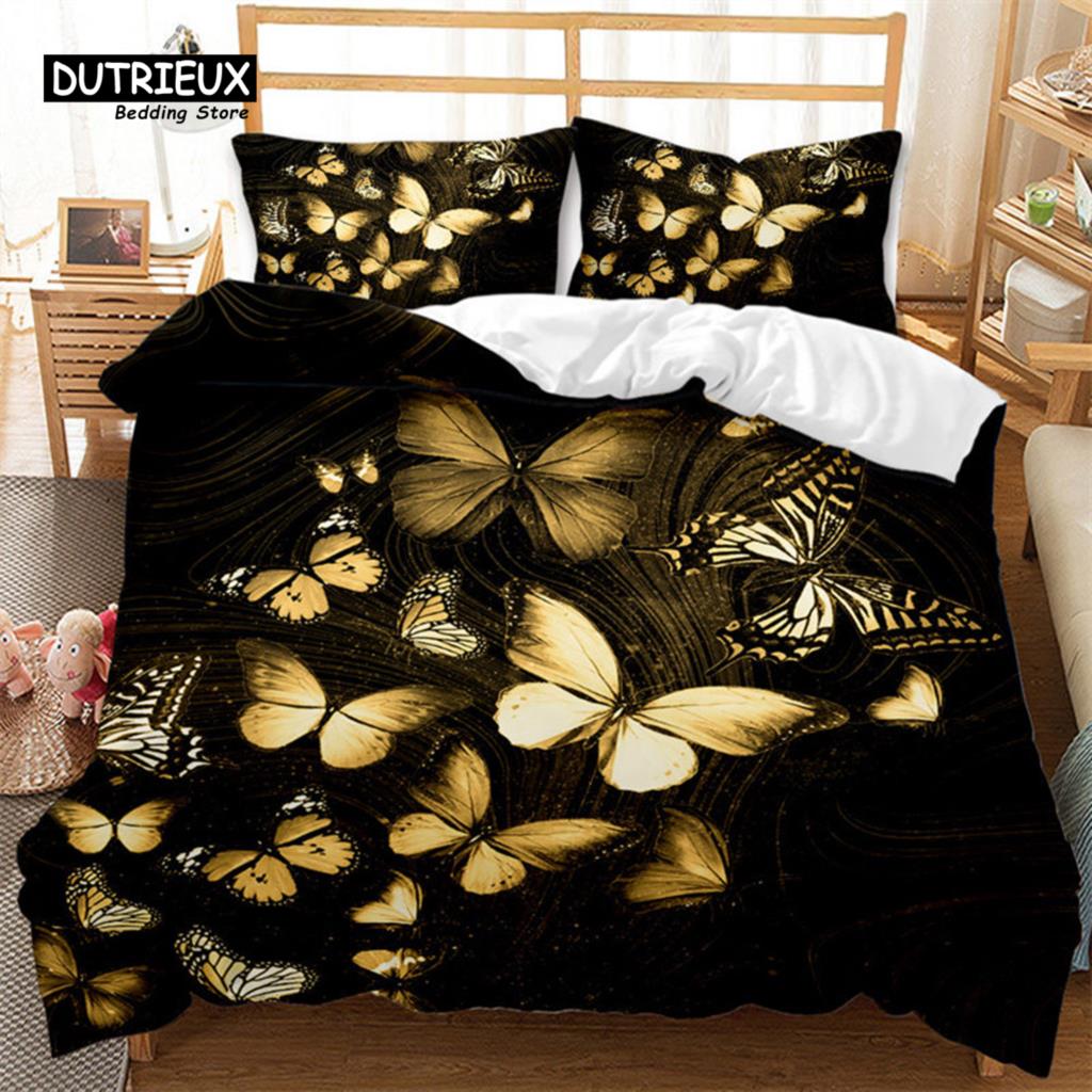 Comforter Golden Butterfly And Floral Bedding Set Queen Print Black For Kids Girls Boys Adults Bedroom Decor