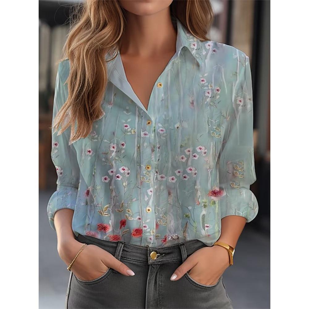 Fashion Women's Shirt & Blouses Elegant Flower Leaf Shirt Print High Quality Long Sleeve Large Size Female Clothing Blouse Tops