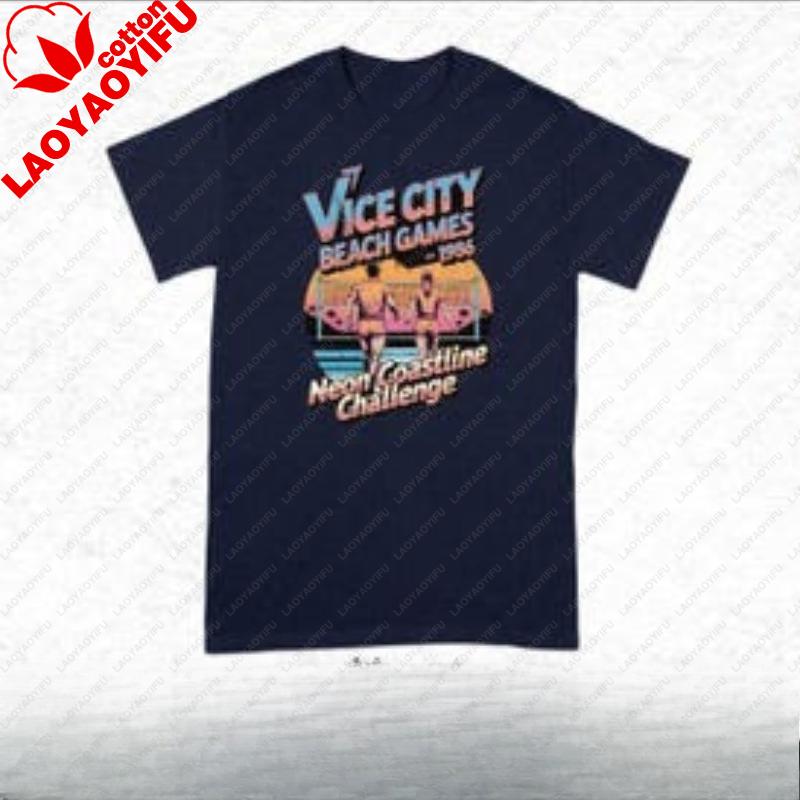 Vice City Games 1986 Neon Coastline Challengeretro Beach Crewneck Casual Tshirt 80s Summer Volleyball Unisex Graphic Tshirt