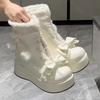 Sweet Lolita Snow Boots Fur Ball Bow Winter Platform Plush Cute Short Boots for Women White Wedges Lace Up Cotton Shoes Female