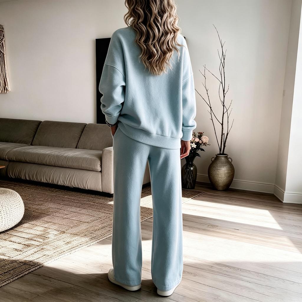 Women's Color Half-Zip Sweatshirt and Wide-Leg Pants Set, Loose Fit Casual 2 Piece Outfit