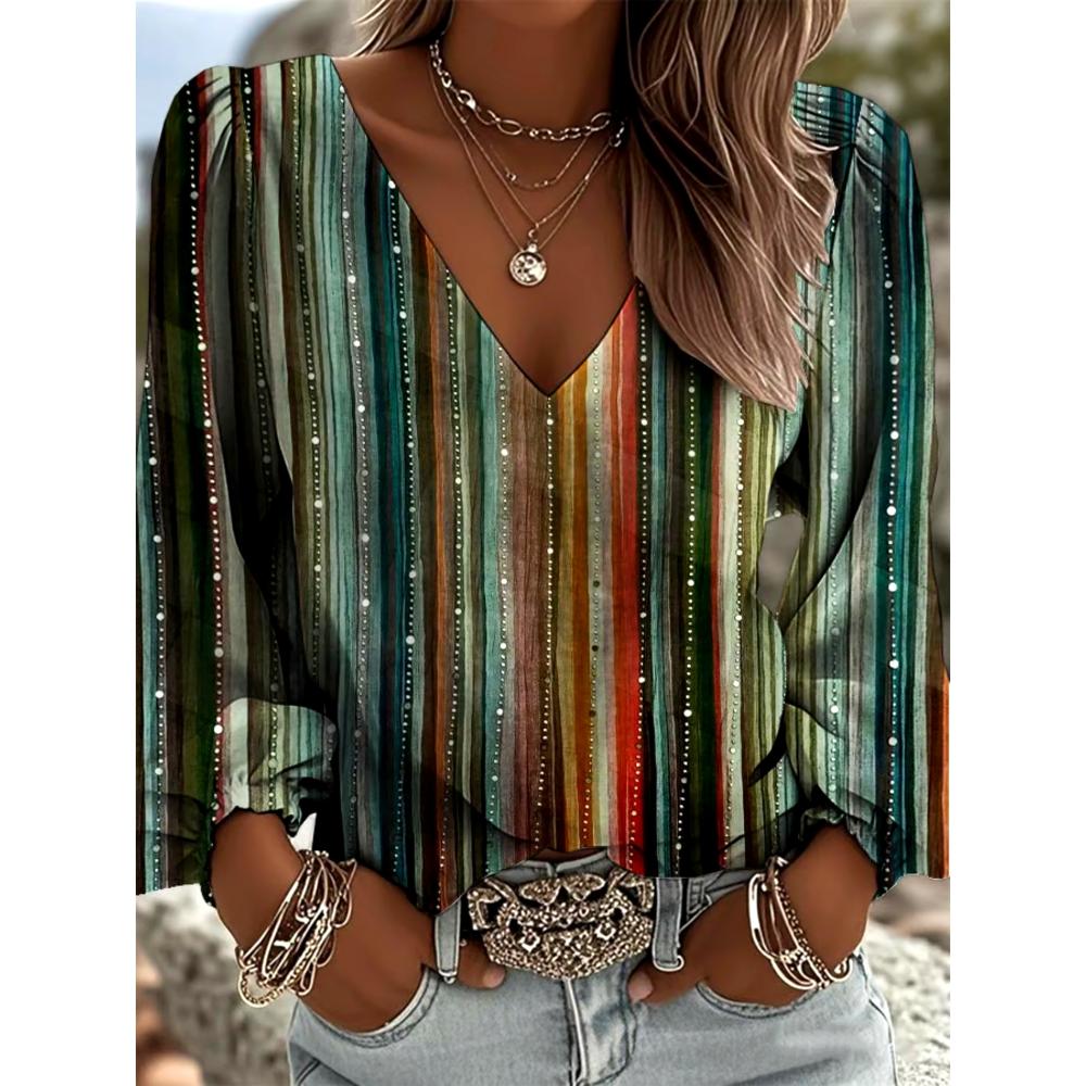 Printed Retro V-neck Women's Geometric Pattern Long-sleeved Top, New Style Women's Retro Western-style Printed V-neck Blouse