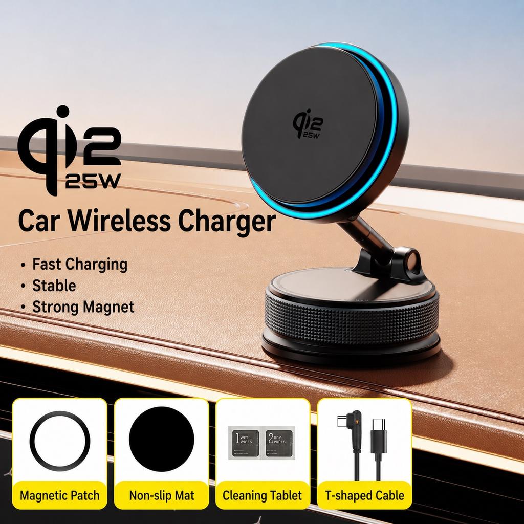 Qi2.2 25W Wireless Charger Cooling Magnetic Car Phone Holder 360° Rotatable Fast Charging for iPhone 17 16 15 Pro Max Stand
