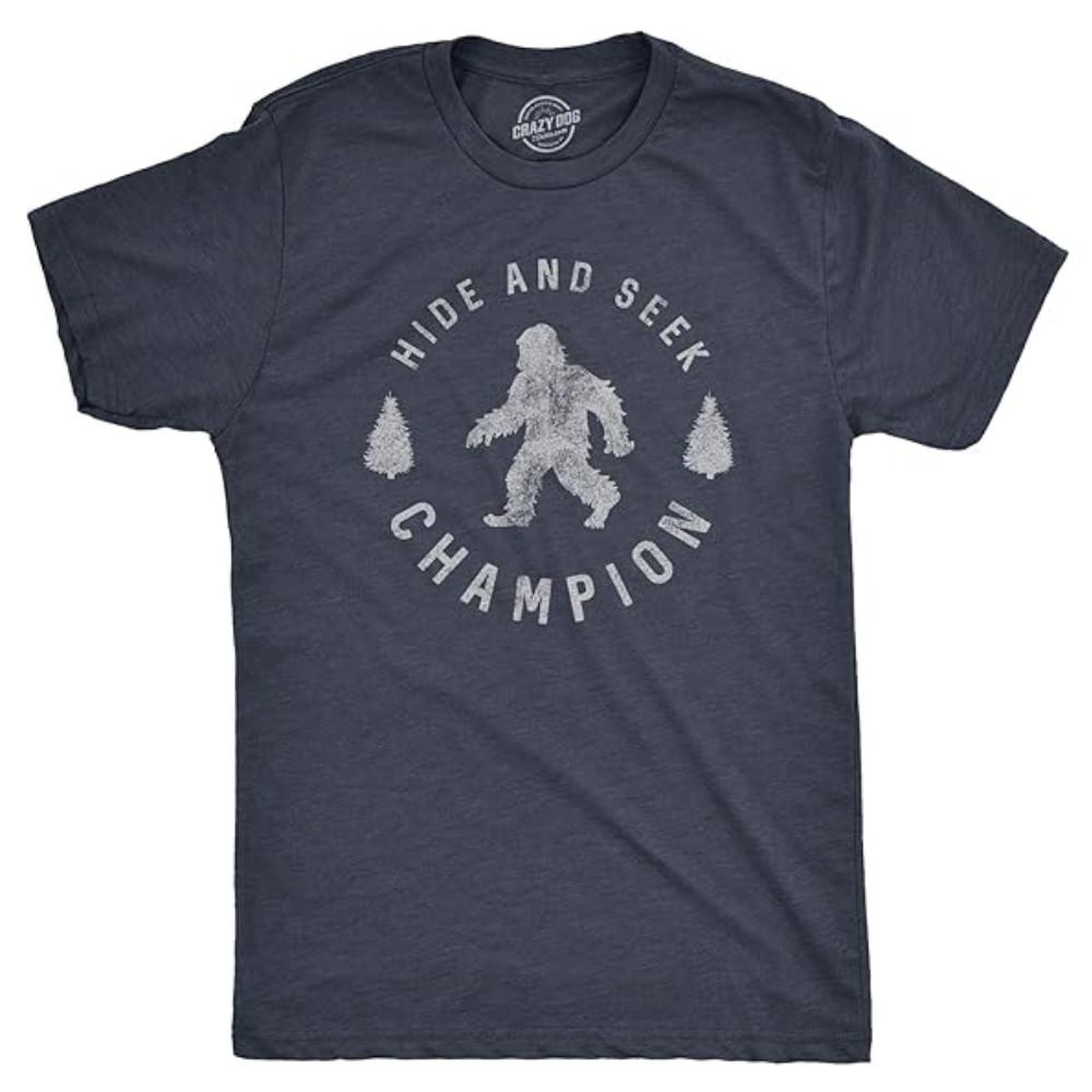 Men T Shirt Hide and Seek Champion Funny Bigfoot Graphic Sarcastic Tee S