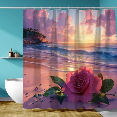 1 X Romantic Seaside Rose Shower Curtain - Waterproof Polyester, Stain Resistant, Perfect for All Season Bathroom Decor