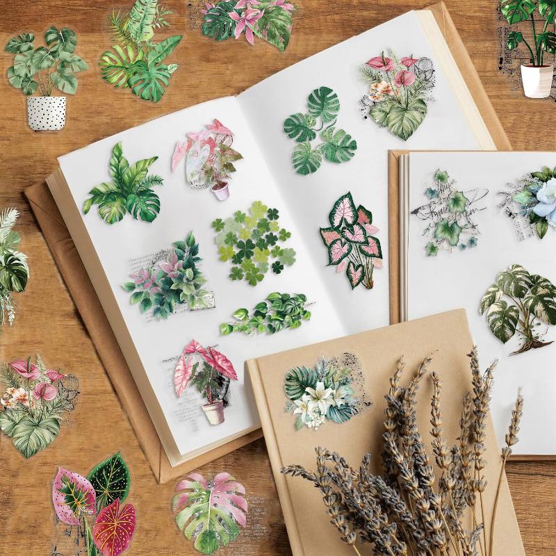 50 Pcs Green Plant Leaf Stickers Transparent Pet Waterproof Decals For Laptop Journal Pencil Case Stationery Gift