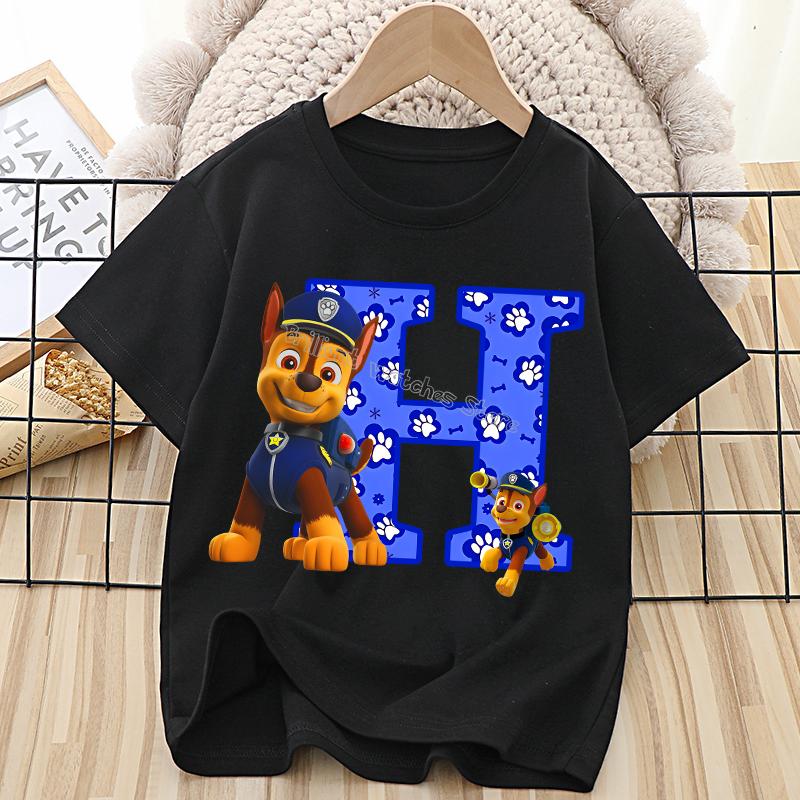 Paw Patrol Chase T-shirt for Children Cartoon Letter A-Z Tee Top Kawaii Round Collar Clothes Fashion Kids Black Clothing Gift